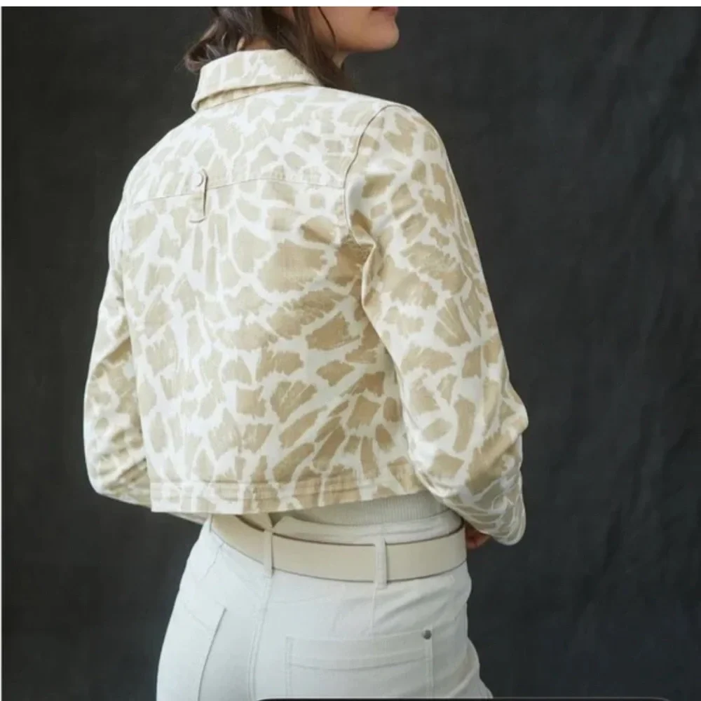 Anthropologie Maeve Animal Print Gardner Denim Cropped Jacket‎ Beige Neutral - Picture 2 of 10